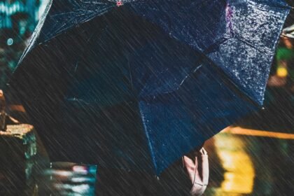 A person with an umbrella in rainy Kolkata evening, atmospheric and vibrant.